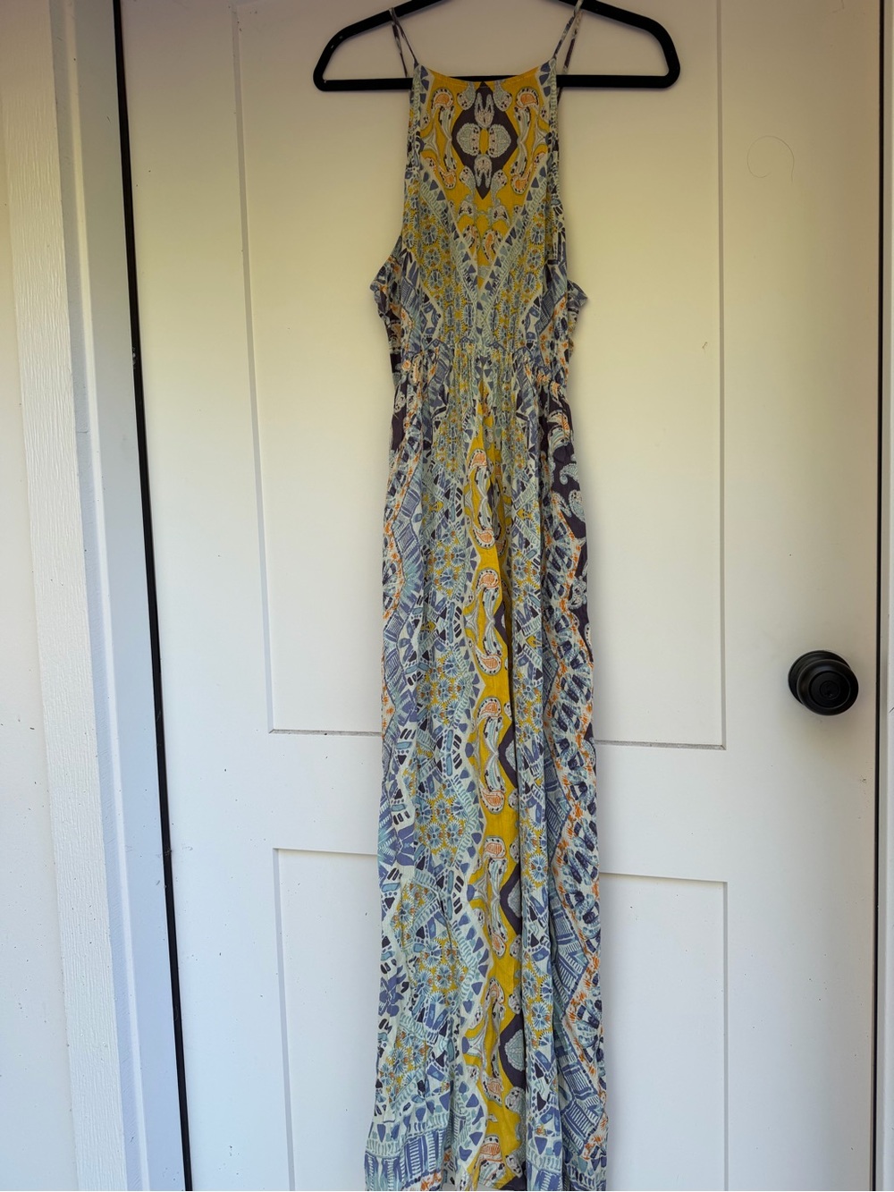 rad yellow, blue, and gray geometric print maxi dress with tie up back